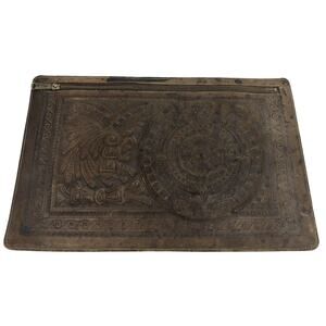 Leather Folder Aztec Native American Design with Zipper Vintage 16" x 10.5"